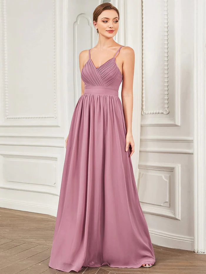 Classic Women's Apparel Chiffon Spaghetti Strap V-Neck Pleated A-Line Bridesmaid Dress