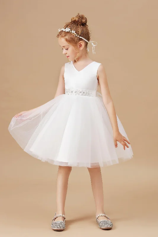 Formal Attire For Women Ivory Tulle Satin V-neck Sleeveless Flower Girl Dress With Bowknot