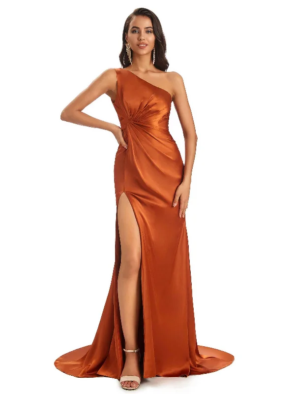 Plus-Size Women's Garments Sexy Soft Satin One Shoulder Side-Slit Floor-Length Mermaid Bridesmaid Dresses For Wedding