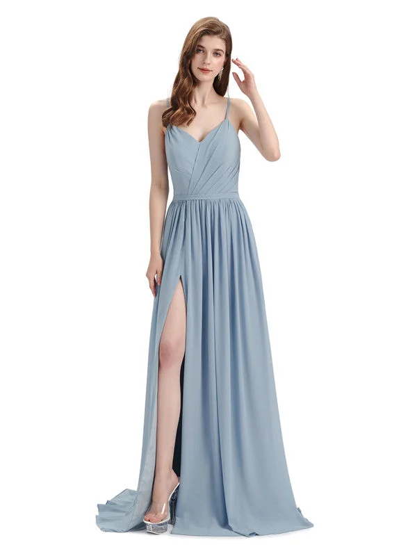 Casual Garments For Women Spaghetti Straps A-line Chiffon Side Slit Long Bridesmaid Dresses