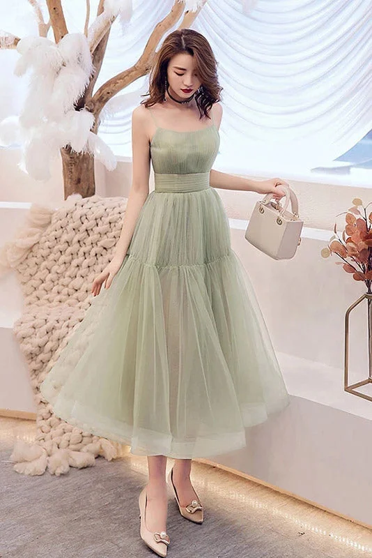 Women's Formal Event Outfit Green Tulle Spaghetti Strap Sleeveless Pleated Prom Dresses N2093