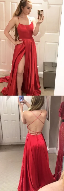 Women's Sporty Chic Clothes Sexy A Line Spaghetti Straps Backless Long Burgundy Satin Prom/Evening Dresses With High Split   cg14368