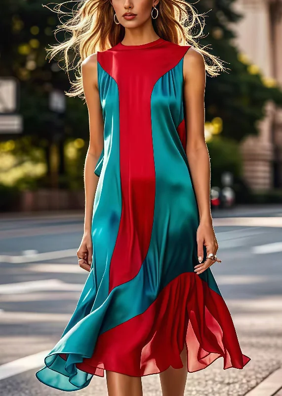 Women's Attire DIY Colorblock Silm Fit Patchwork Silk Long Dresses Sleeveless