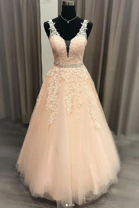 Women's Clothing Outfit Set Floor Length V-Neck Sleeveless Tulle Prom Dresses with Appliques Puffy Quinceanera Dresses N2204