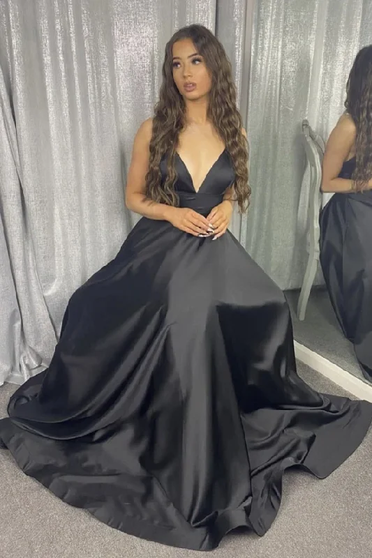 Charming Women's Clothes For Special Events Black v neck satin long A line prom dress black evening dress    cg20331