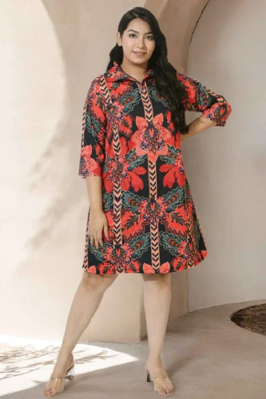 Women's Seasonal Attire Black Tropical Print Shirt Dress