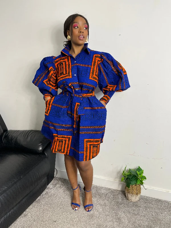 Stylish Women's Attire Jessi Ankara Shirt Dress | Blue and Orange African Print