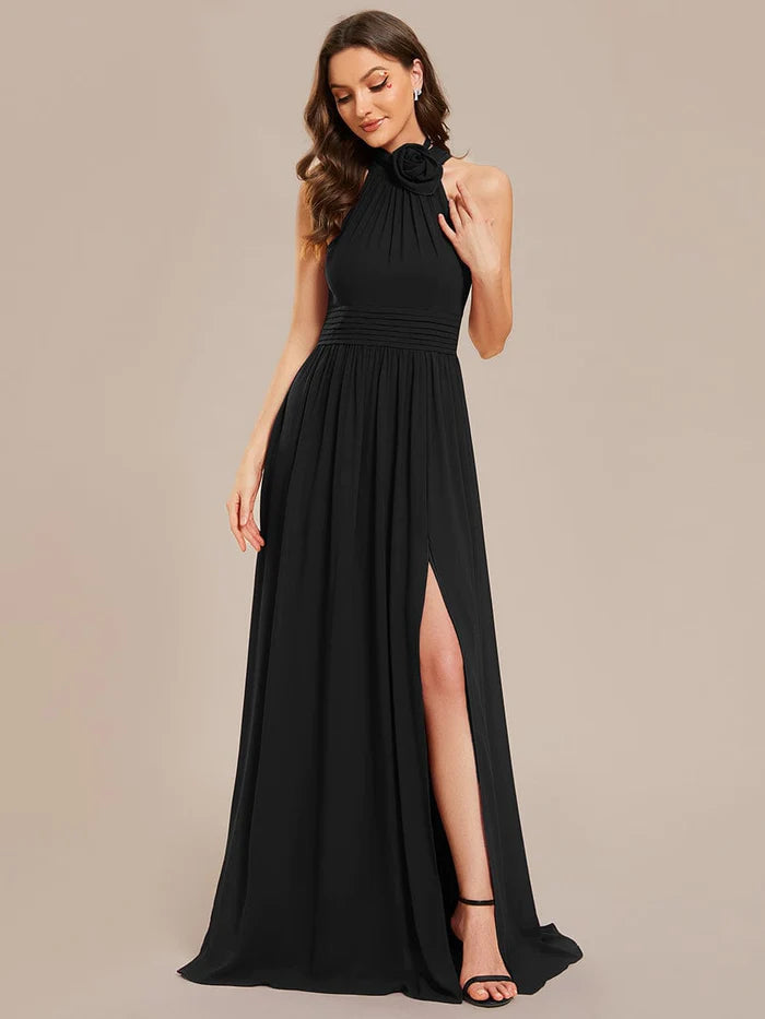 Women's Professional Outfit Chiffon Halter Straps Sleeveless Pleated A-Line High Slit Maxi Bridesmaid Dress