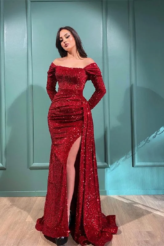 Women's Stylish Professional Garments Elegant Burgundy Long Sleeves Sequins Prom Dress Mermaid Slit With Ruffles