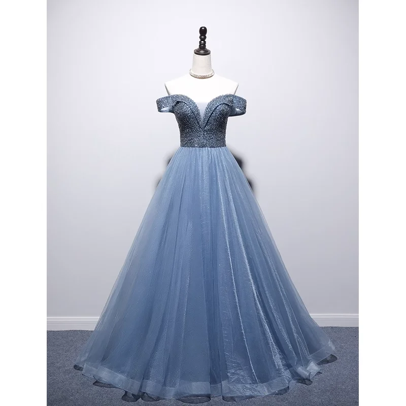 Women's Elegant Clothing Sets Princess Ball Gown Blue Tulle Prom Dress B024