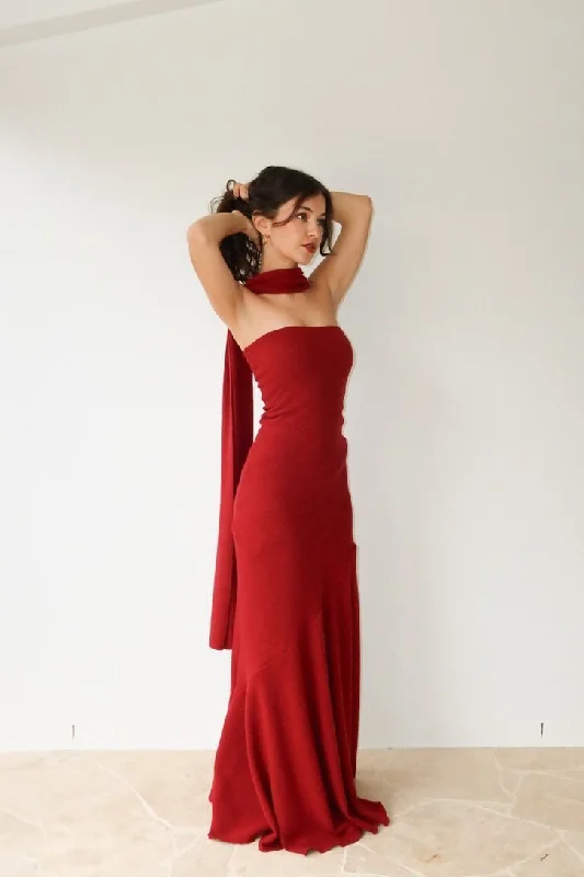 Women's Tops And Clothing Elegant Mermaid Strapless Slim Fit Satin Red Prom Dress Long Evening Dresses With Ribbon C2067