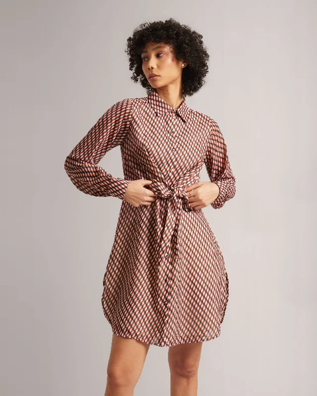 Women's Transitional Garments Geometric Print Front Tie-Up Mini Shirt Dress