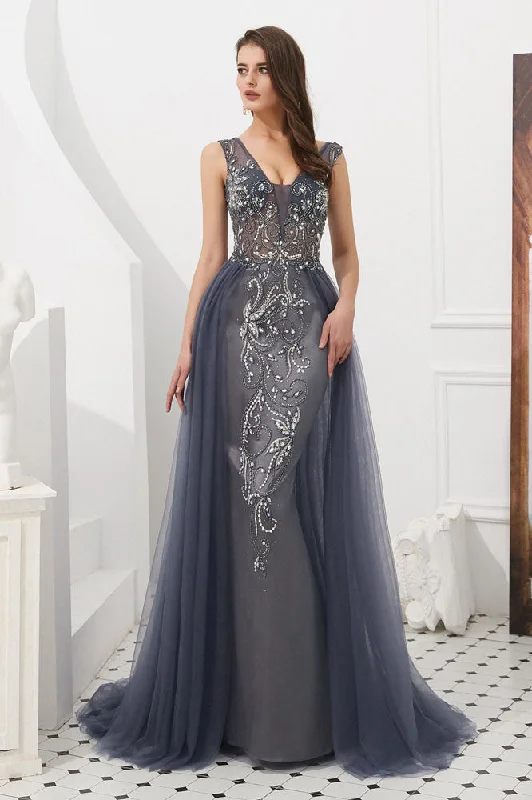 Women's Holiday Clothing Luxury Gray V-Neck Sleeveless Tulle Long Prom Dresses with Beads Crystal N2283