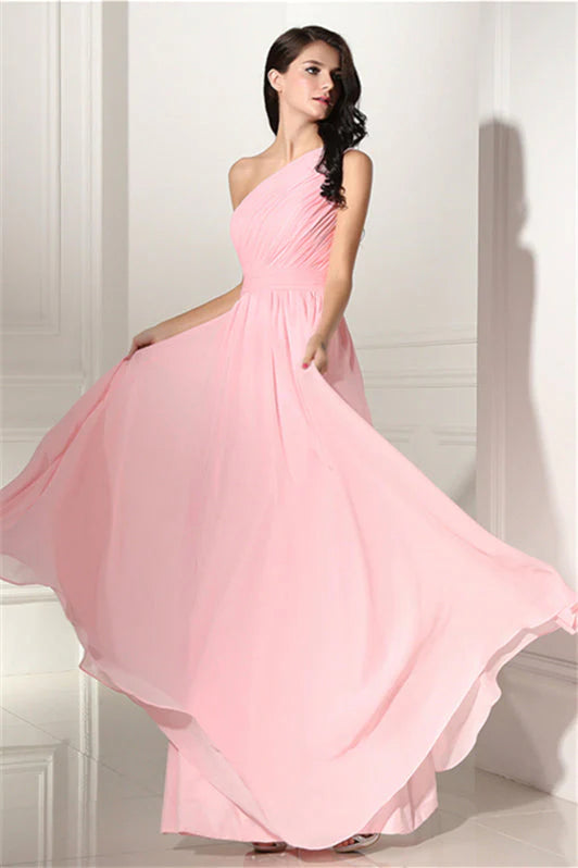 Women's Office Outfit Chiffon Pink One Shoulder Long Bridesmaid Dresses