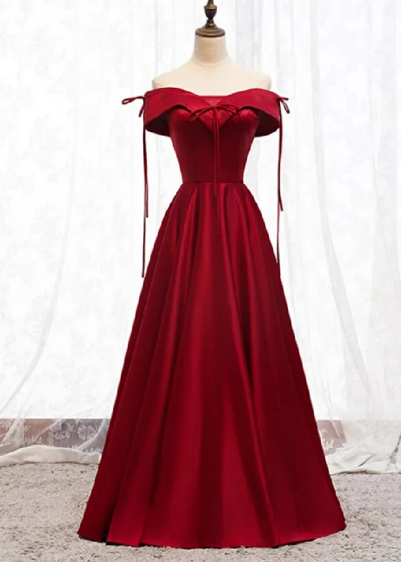 Women's Holiday Outfit A-Line Burgundy Satin Off the Shoulder Prom Dress    cg19183