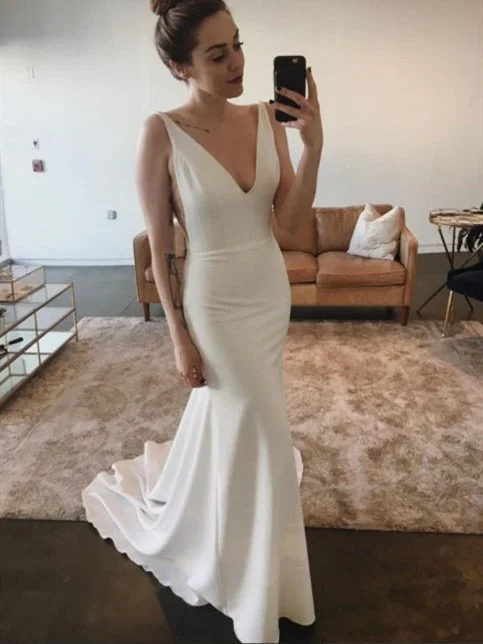 Classic Women's Apparel V-neck Long Mermaid Jersey Wedding Dresses, Simple Long Wedding Dresses, Simple Chic Wedding Dresses