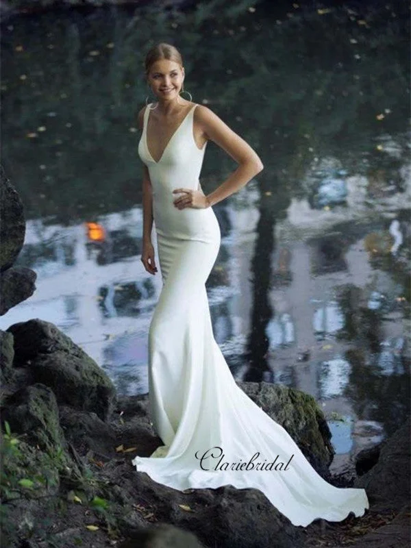 Comfortable Lounge Clothing Simple Custom Design Wedding Dresses, Deep V-neck Mermaid Sexy Wedding Dresses