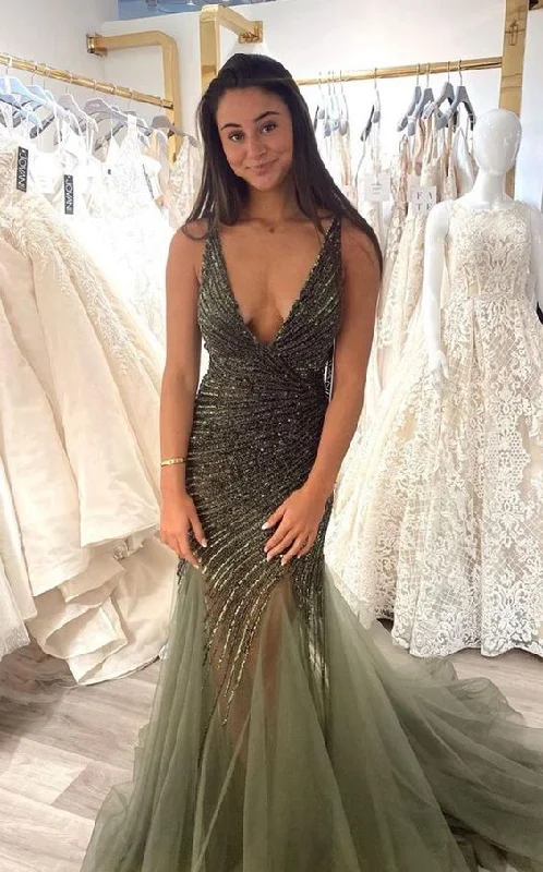 Women's Holiday Clothes Sleeveless Bodice with Deep V-neck Prom Dress,Sexy Mermaid Evening Dress Y1704