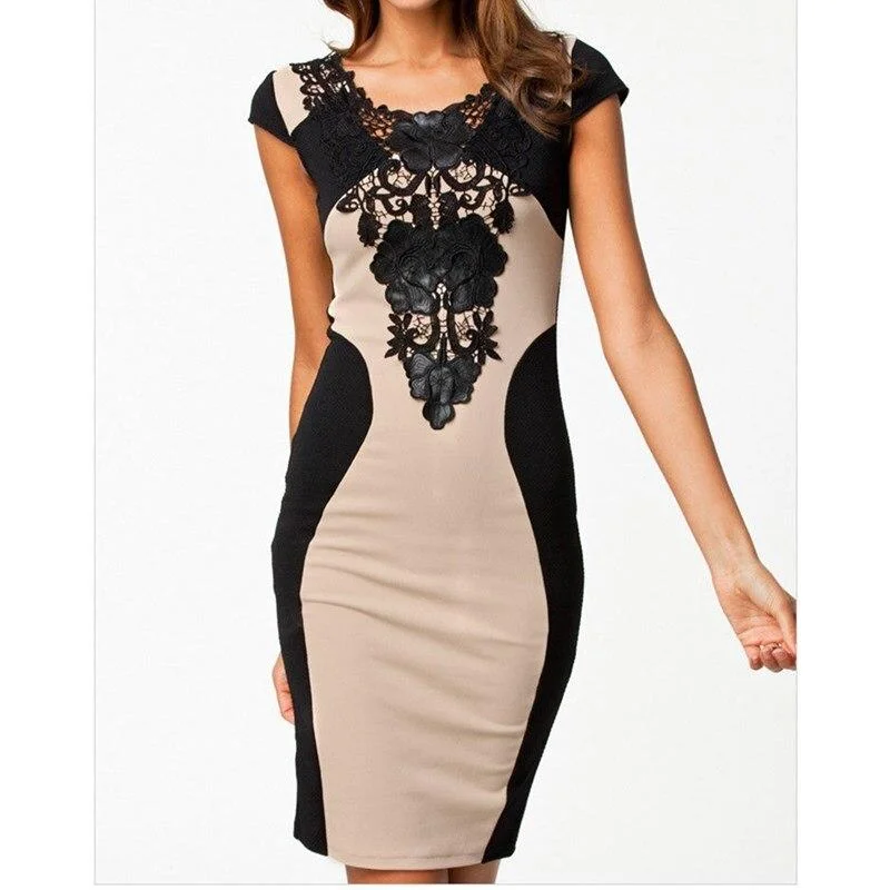 Women's Seasonal Clothing Feminine Soft - Hued Look FashionSierra - Women Vintage Elegant Dress Round Neck Lace Package Hip Dress Sexy Backless Bodycon Mini Dress Glorious Sexy Short Sleeve Dress