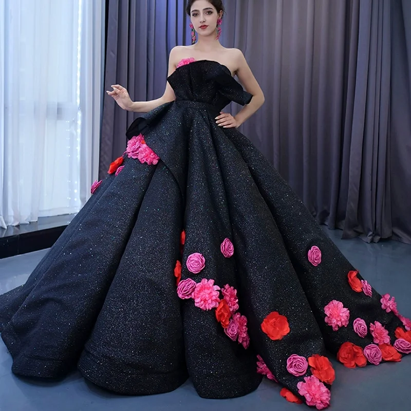 Women's Transitional Clothes Black 3D Flowers Ball Gown Sparkly  Wedding Dress with Puffy Skirt