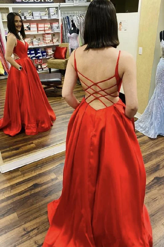 Modern Women's Outfit Red satin long backless prom dress A line evening dress   cg19001