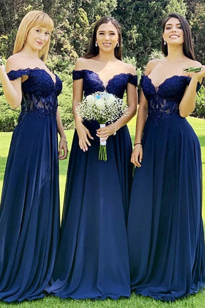 Women's Chic Outerwear Attire Bridesmaid Dress Lace Off-the-Shoulder A-Line Long