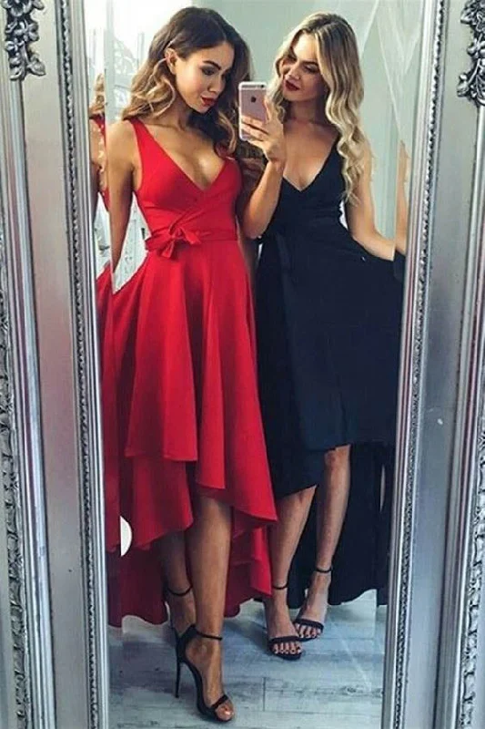 Women's Formal Event Outfit Red High Low V-Neck Sleeveless Prom Dresses