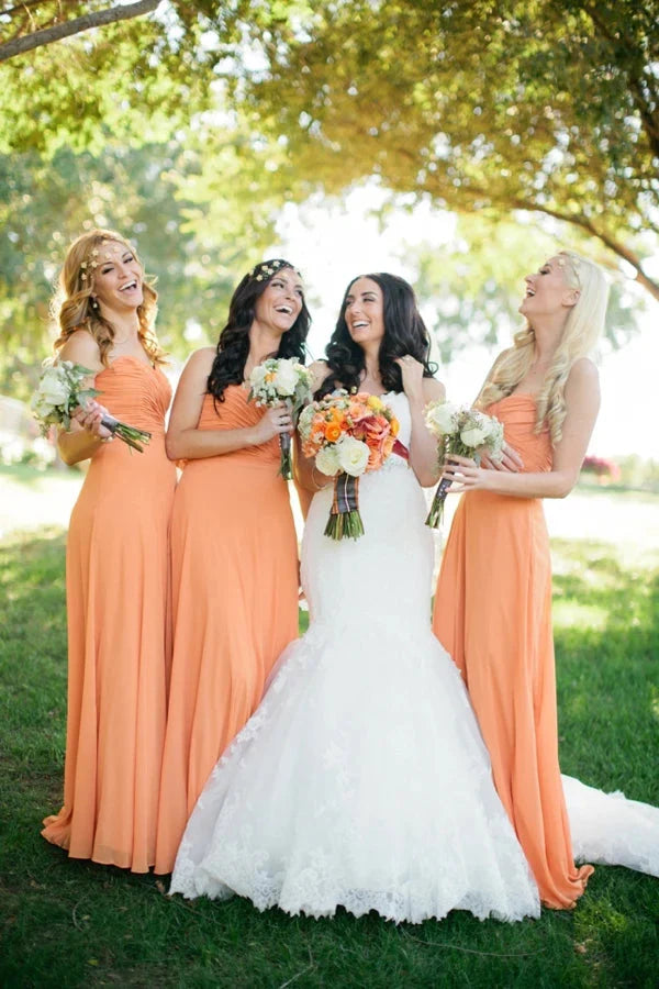 Elegant Women's Attire Bridesmaid Dresses Cheap Sweetheart Orange Chiffon Long  Online