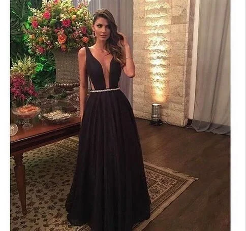 Women's Relaxed Clothes Sexy Black Prom Dresses,Deep V Neck Long Black Satin Evening Gown   cg14697