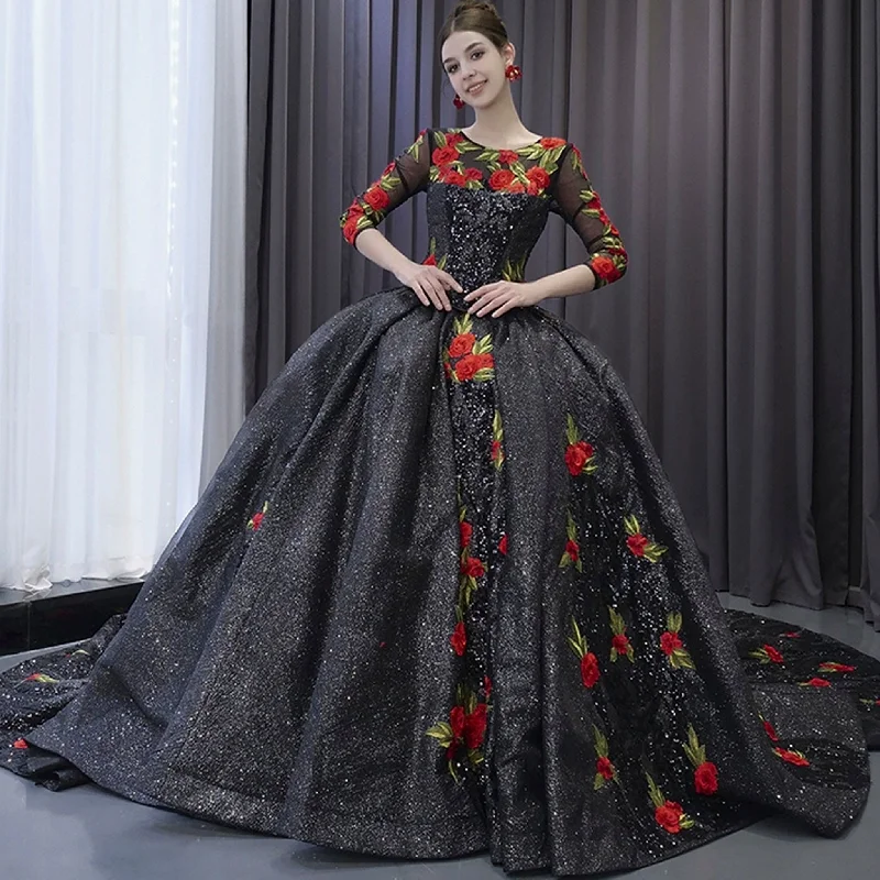 Women's Apparel Elegant Black Lace Rose Wedding Gown Long Sleeve Quinceanera Dress