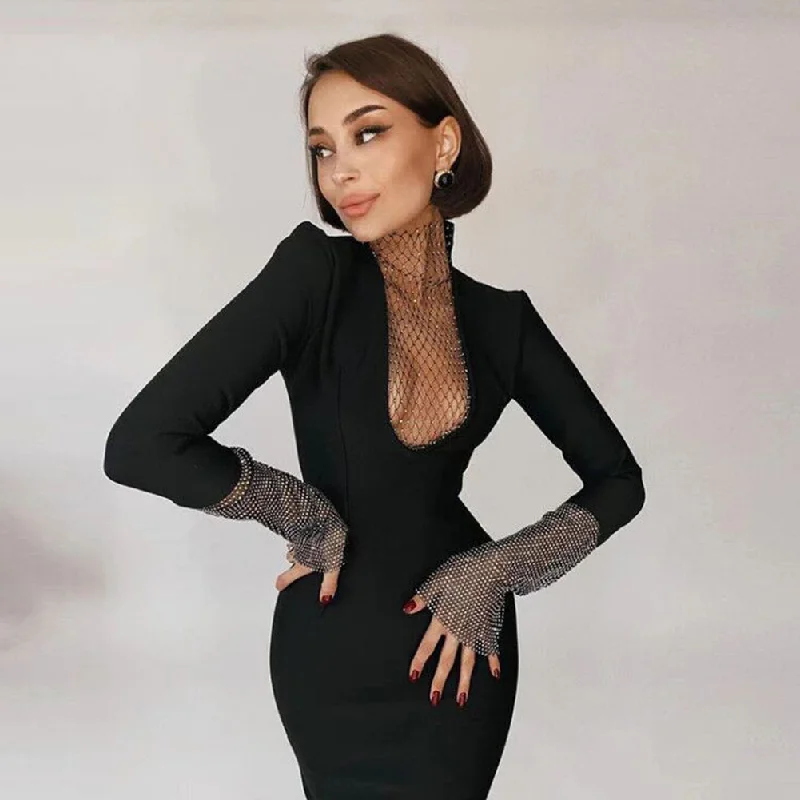 Stylish Women's Attire Big Savings on Minimalist Office Styles Sexy High Neck Long Sleeve Rhinestone Midi Bandage Dress HL8443