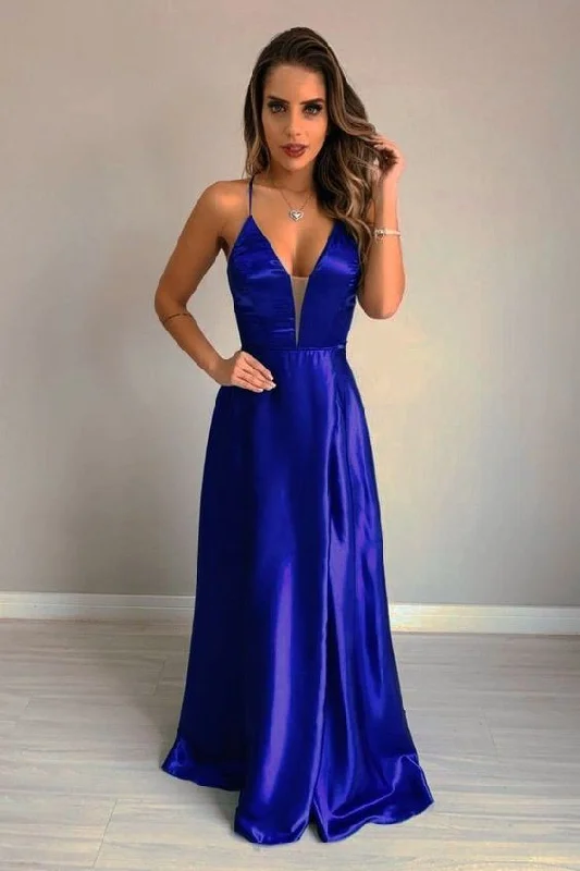 Women's Work Outfit For The Office A-line V Neck Sleeveless Floor-Length Royal Blue Prom Dress Y6178