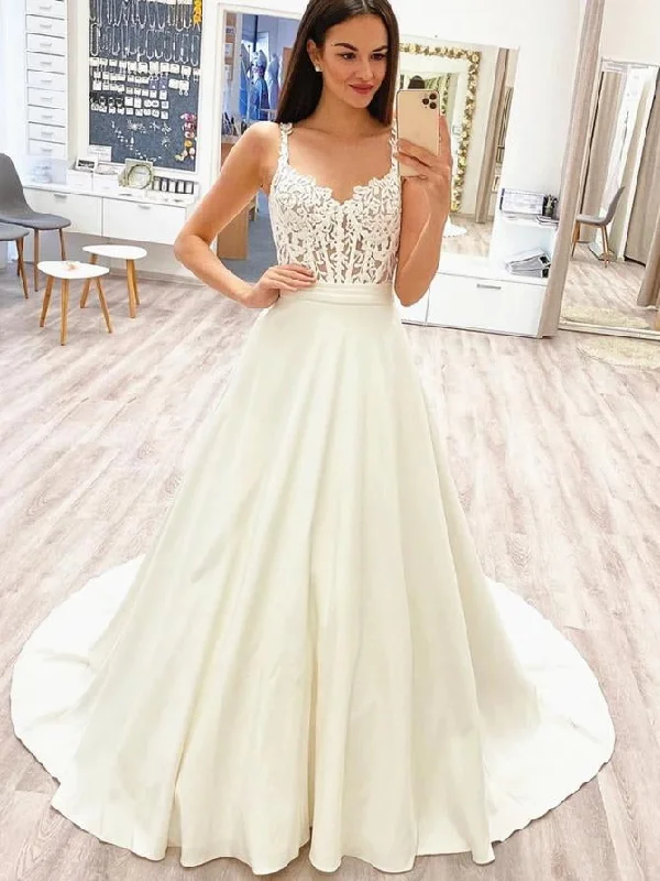 Women's Resort Apparel Straps Long A-line Ivory Satin Lace Wedding Dresses, Elegant Long Wedding Dresses, Long Wedding Dresses