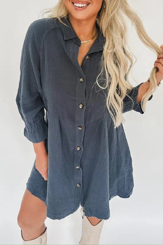 Women's Outerwear Garments Sail Blue 3/4 Ruffled Sleeve Buttoned Crinkled Shirt Dress