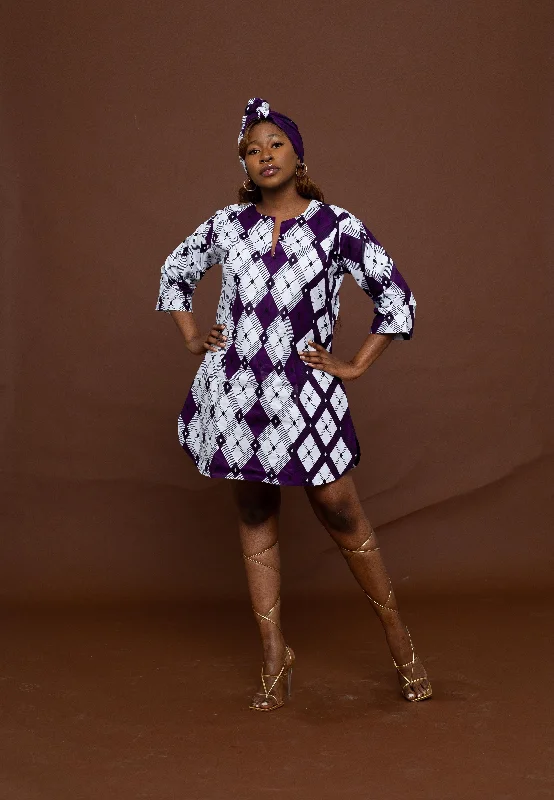 Women's Professional Attire Akemi Ankara Short Tunic Shirt Dress | White and Purple African Print