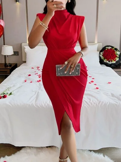 Women's Work Outfit For The Office Cutout Slit Mock Neck Sleeveless Dress