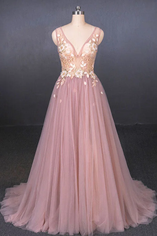 Tailored Clothing For Women Pink V-Neck Sleeveless Tulle Prom Dresses with Appliques A Line Tulle Evening Dresses N2338