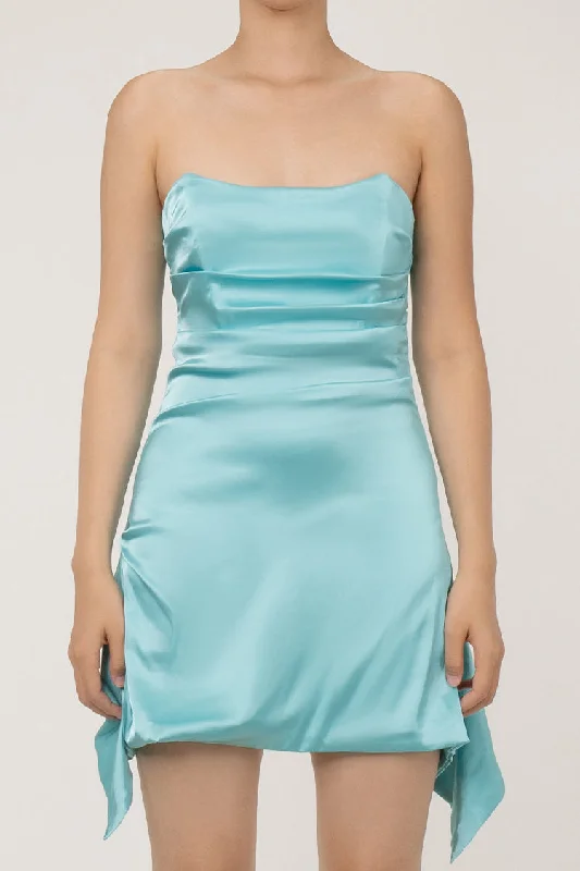 Women's Everyday Apparel Silky Satin Pleated Trim Corset Strapless Party Mini Dress - Turquoise