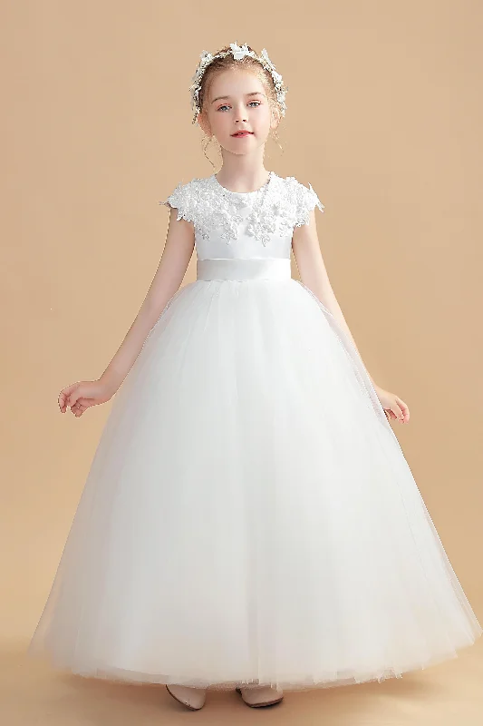 Comfortable Women's Attire Short Sleeves Round Neck Satin Flower Girl Dress With Lace Appliques