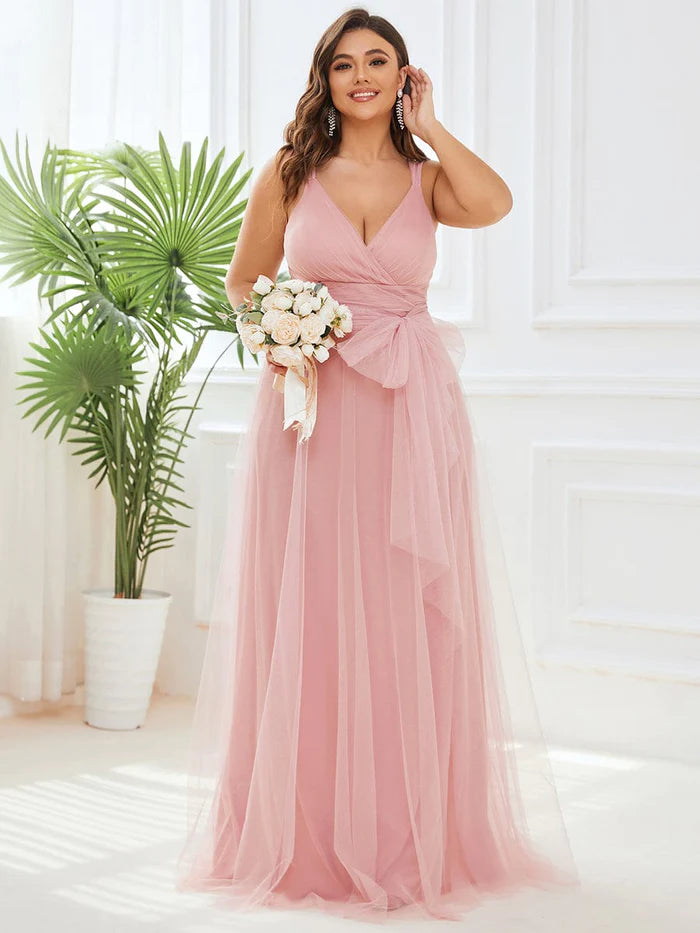 Women's Activewear Attire Plus Size Maxi Long Double V Neck Tulle Bridesmaid Dresses