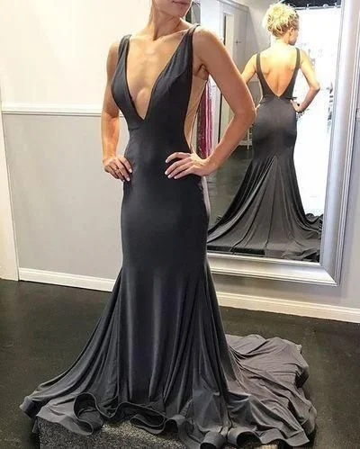 Women's Stylish Outdoor Outfit Sexy Black Simple Mermaid Prom Dress Deep V Neck Open Back Satin Formal dress  cg11132