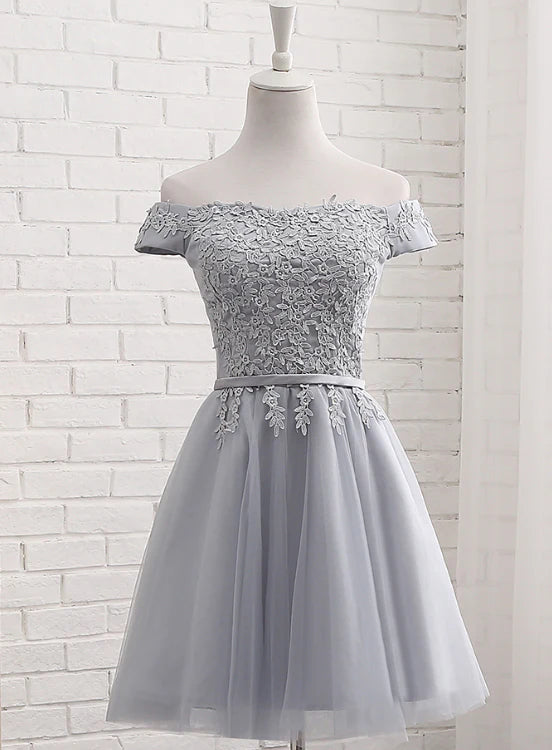 Women's Stylish Professional Garments Lovely Grey Short Tulle Party Dress with Lace Applique, Bridesmaid Dresses Cute Formal Dress