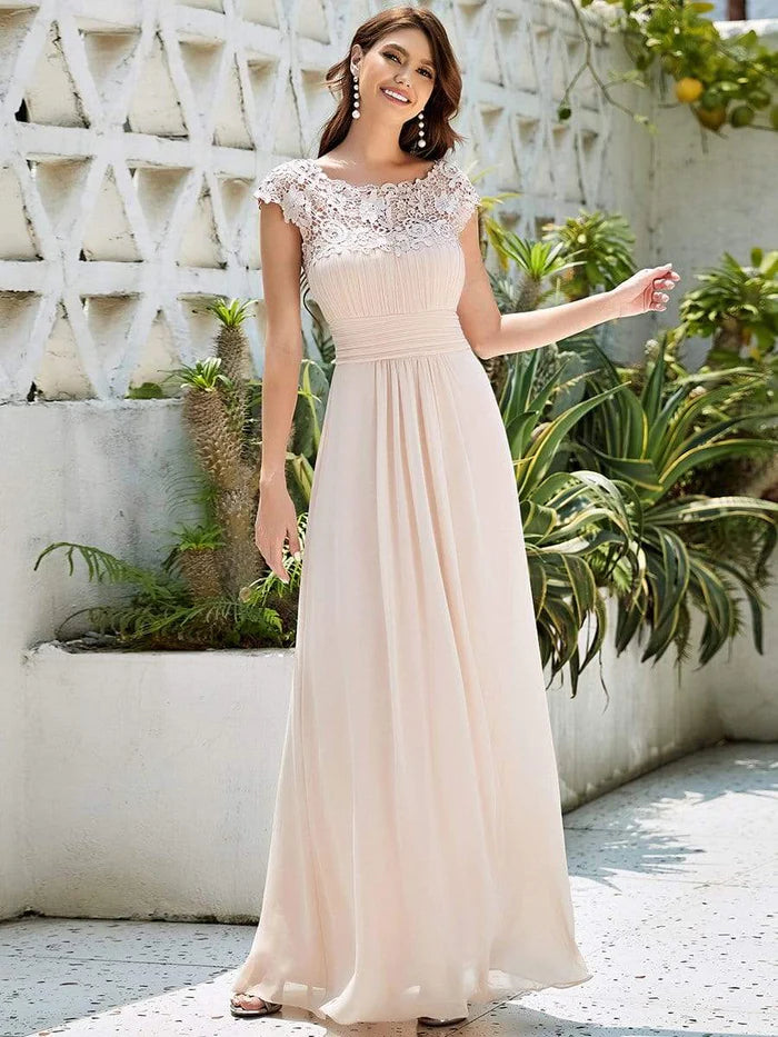 Women's Formal Event Attire Elegant Maxi Long Lace Bridesmaid Dress with Cap Sleeve