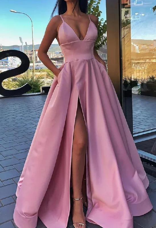 Comfortable Garments For Women Women V-Neck Slit Prom Dresses Long Satin Evening Party Dress YPD024