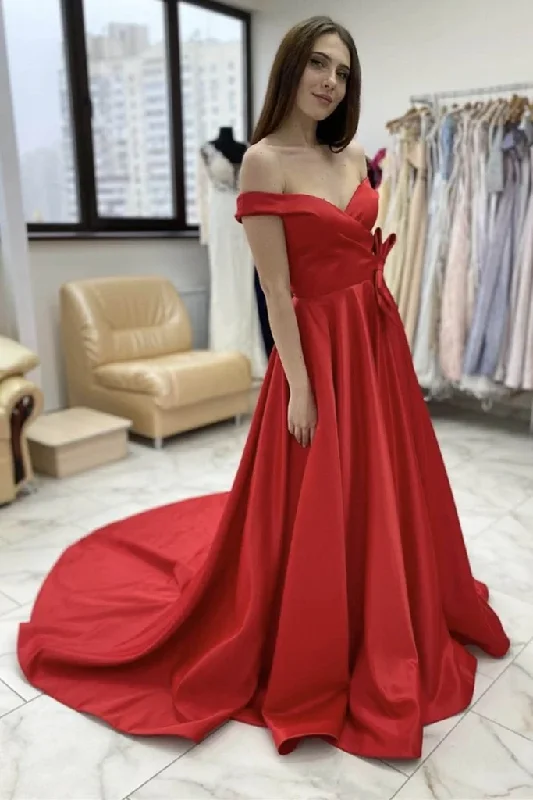 Affordable Women's Attire Off Shoulder Red Satin Long Prom Dress, Off the Shoulder Red Formal Graduation Evening Dress   cg18318