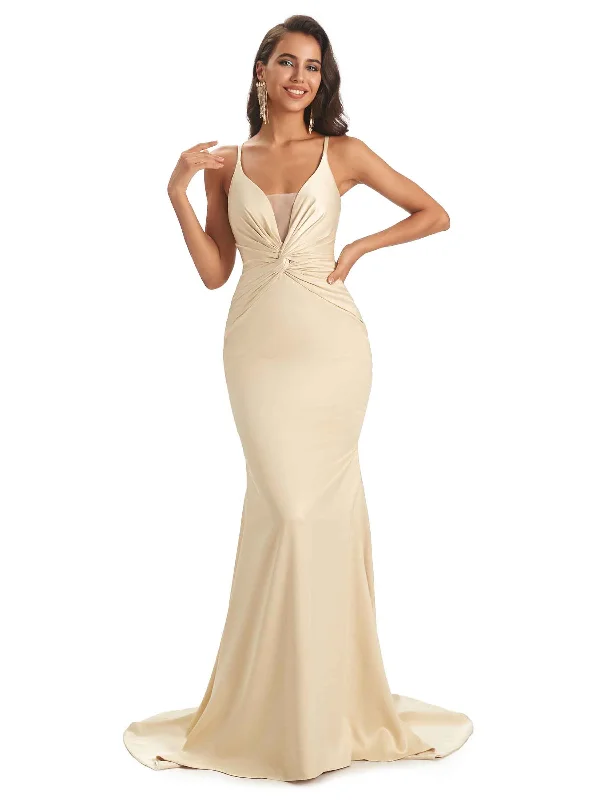 Formal Attire For Women Sexy Soft Satin V-Neck Side Slit Spaghetti Straps Long Mermaid Bridesmaid Dresses