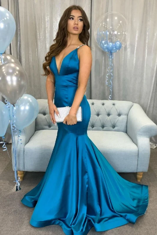 Women's Cozy Clothes Simple v neck Peacock blue satin long prom dress blue evening dress    cg20336