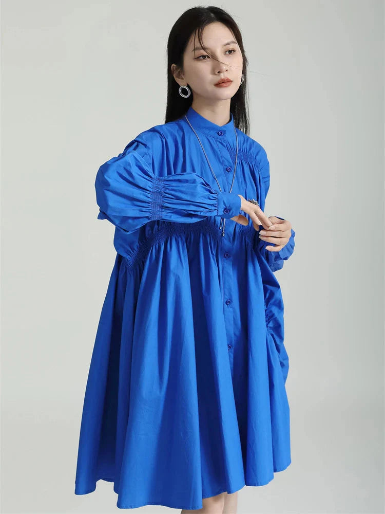 Sustainable Women's Clothes Hotaru Long Sleeve Pleated Shirt Dress - Blue