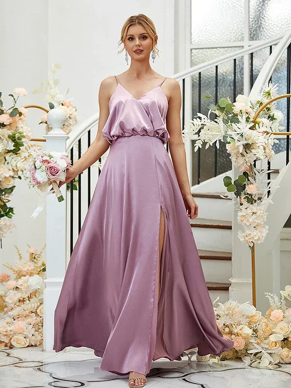 Women's Comfortable Lounge Garments A-Line/Princess Silk like Satin Ruched V-neck Sleeveless Floor-Length Bridesmaid Dresses