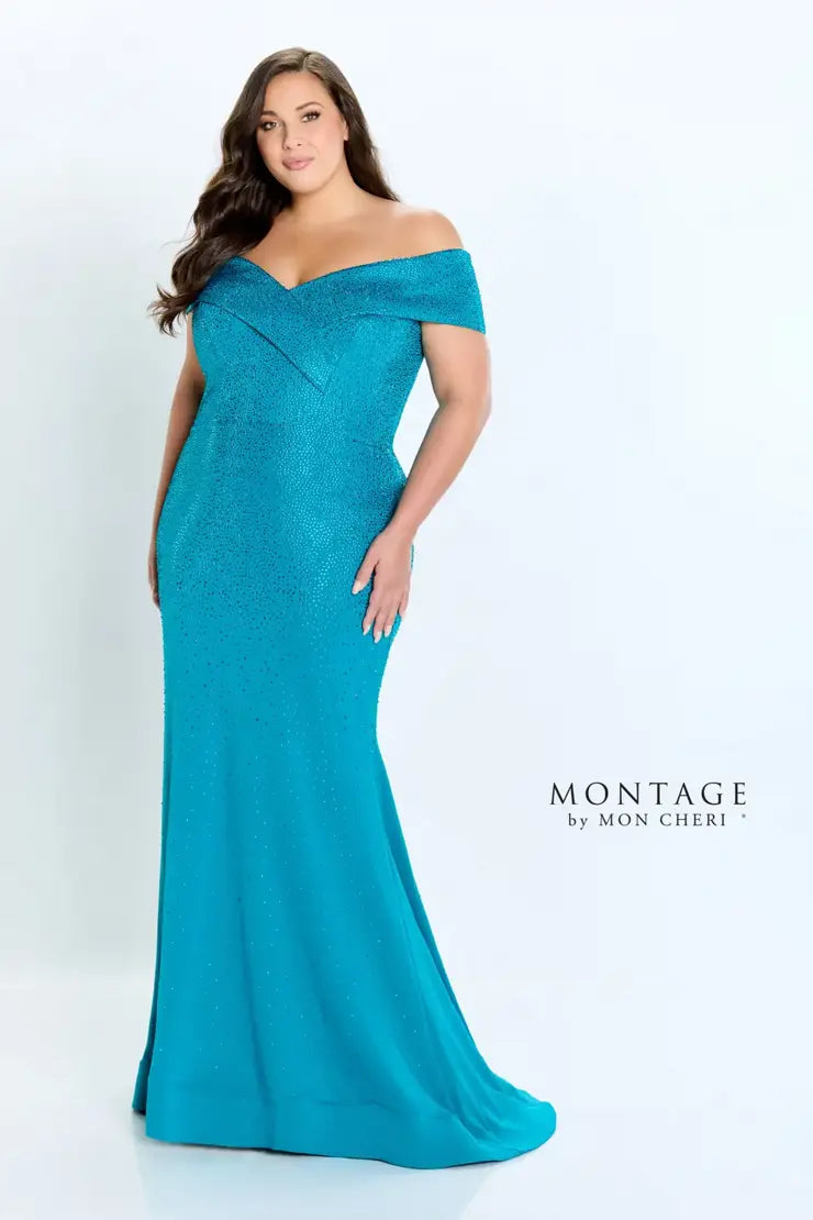 Women's Holiday Clothing Montage 220949 Off The Shoulder Jersey Stone Gown